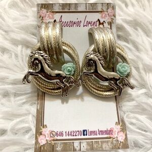 Large, wrap rope, horse cowgirl earrings with blue flower